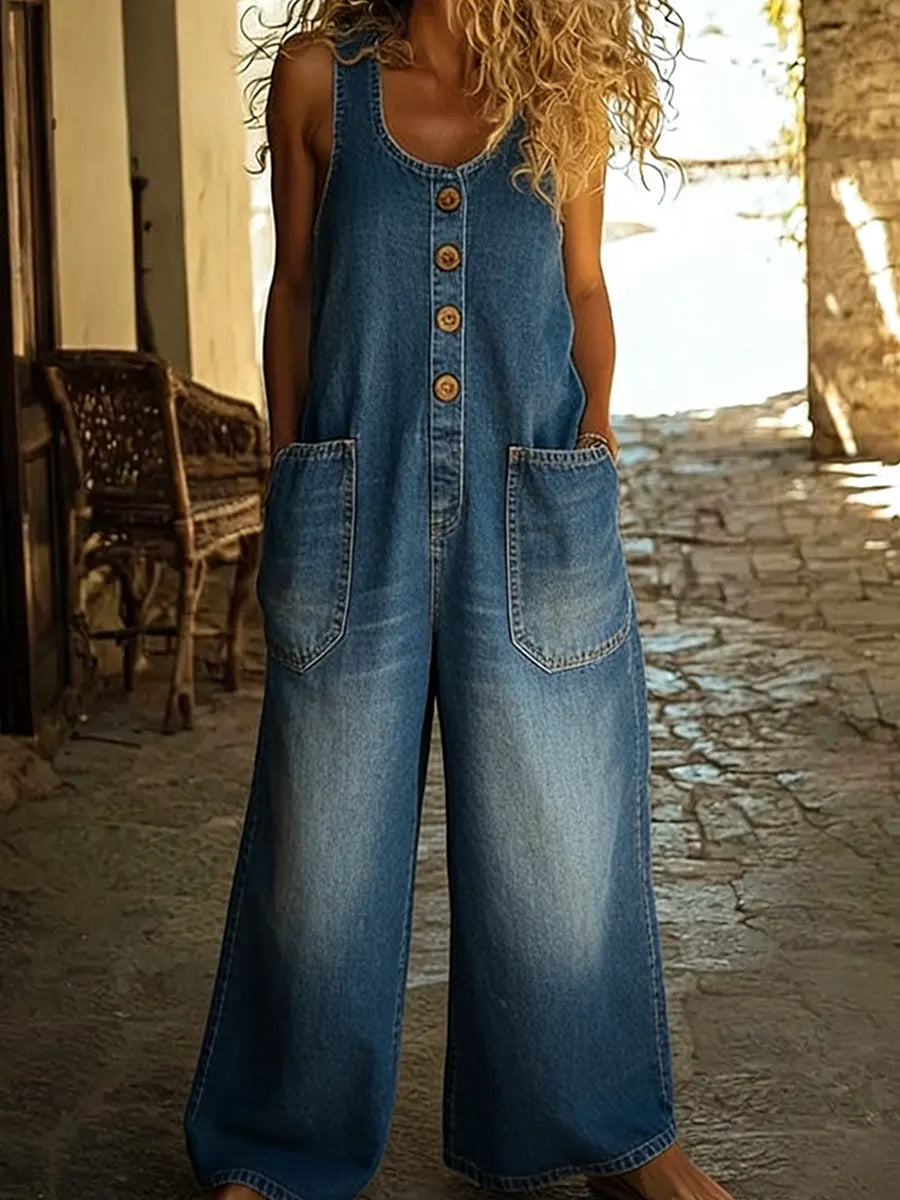 Dame Casual Bomulls Vest Og Denim Jumpsuit