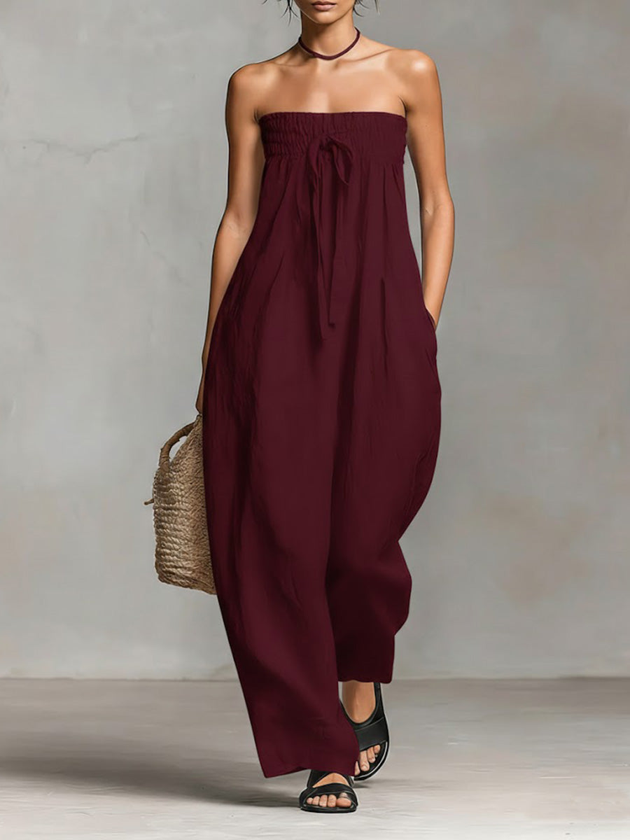 Dame Solid Farge Strapless Casual Løs Bomull Og Lin Jumpsuit