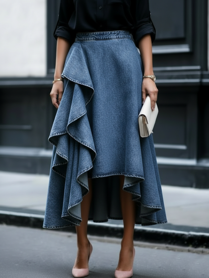 Rufsete Denim Skjørt — Elegant Lagdelt Hverdagsstil
