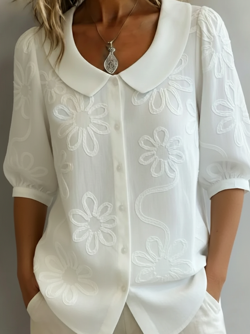 Vintage Peter Pan Collar Brodert Blomster Skjorte
