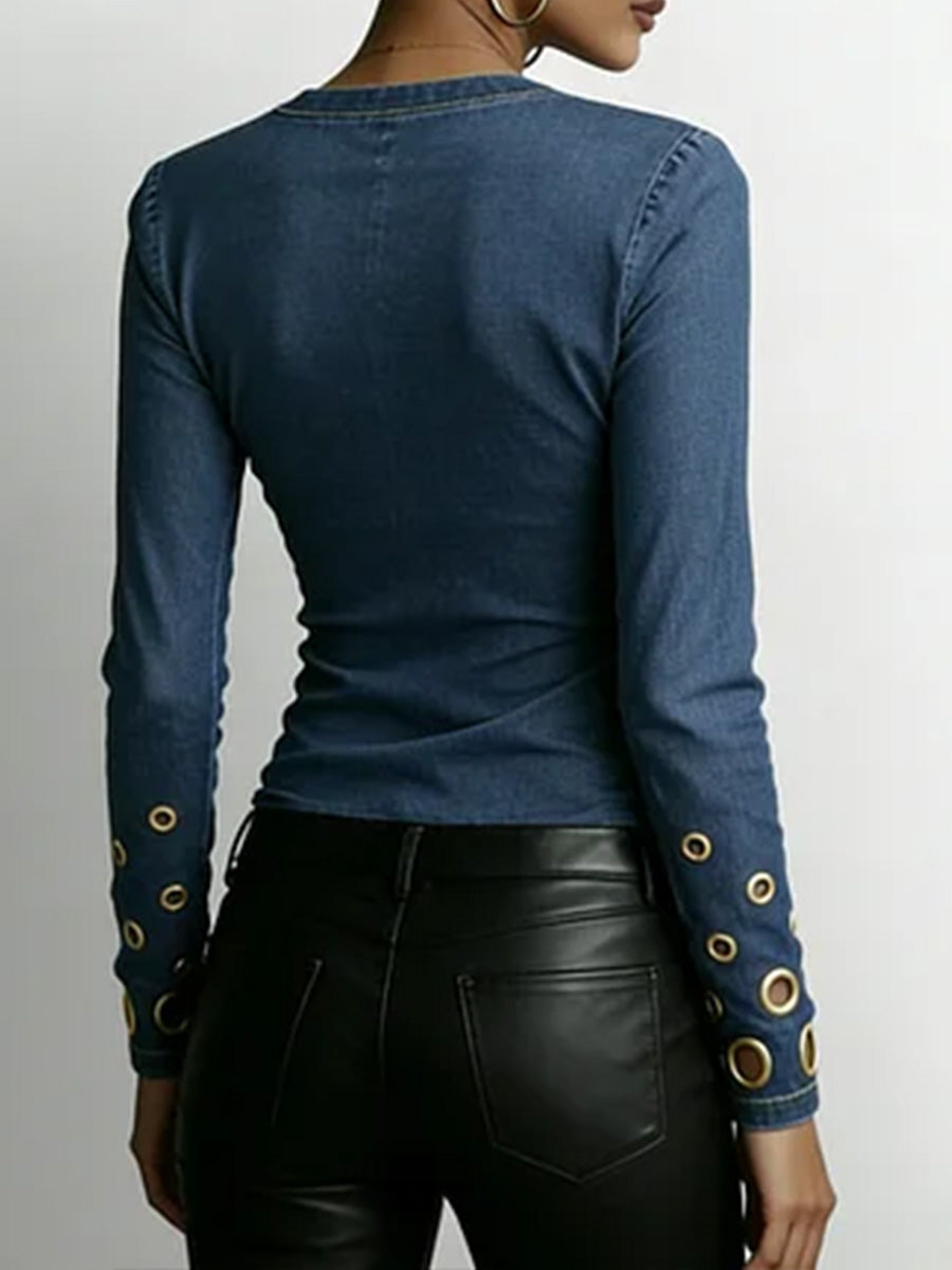 Dame Denim-look V-hals Langermet Casual Løs Topp