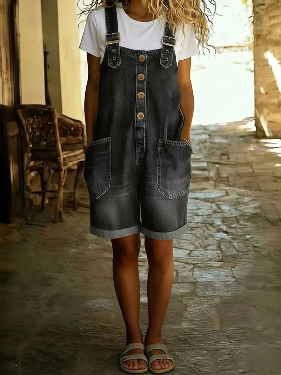 Casual Justerbar-stropp Denim Jumpsuit Shorts