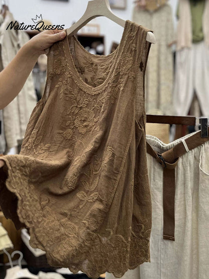 Kvinne Vintage Blonde Uten Ermer Bomull Og Lin Vest Topp