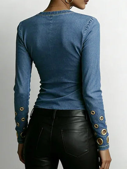 Dame Denim-look V-hals Langermet Casual Løs Topp