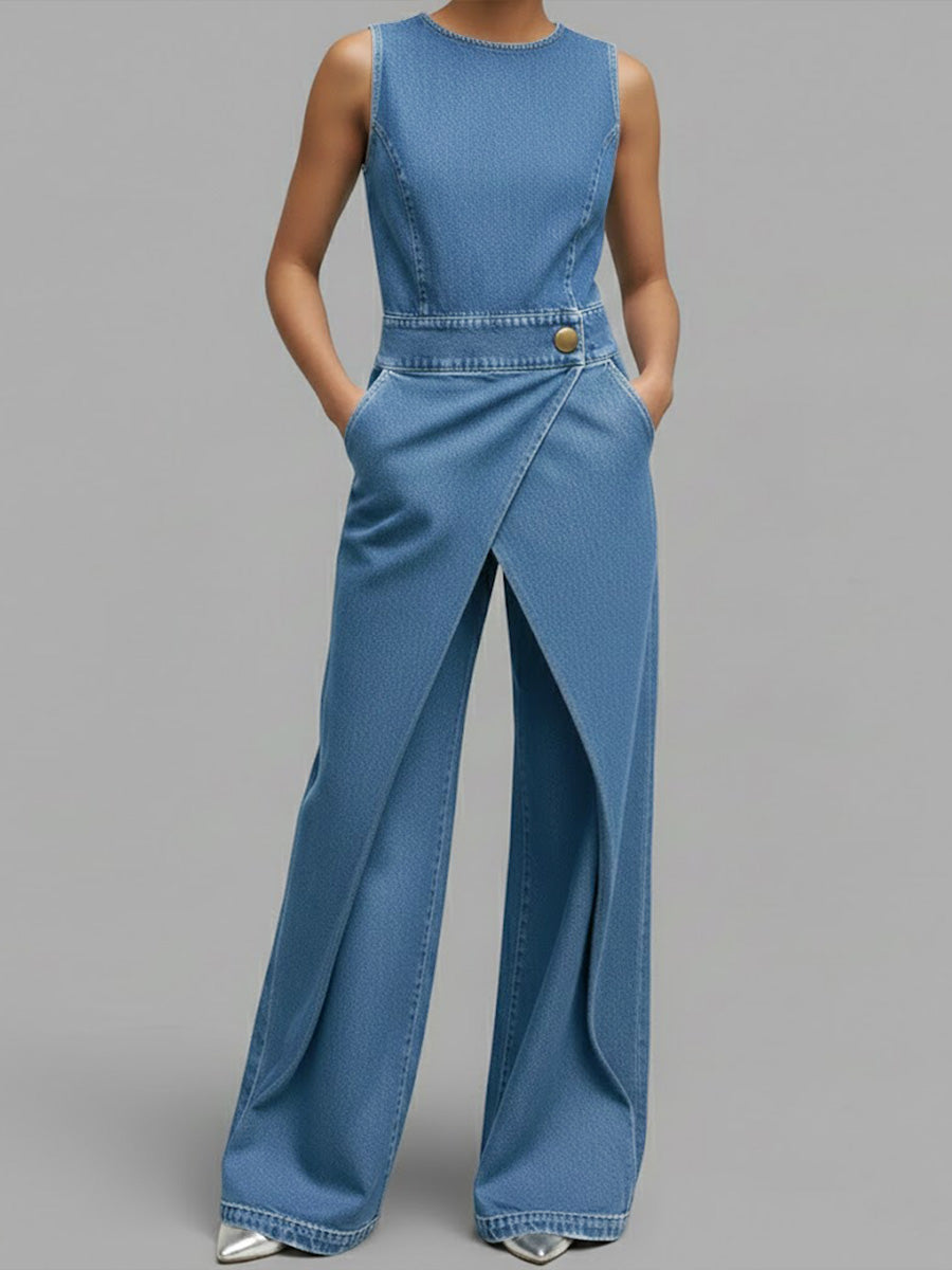 Kvinne Relaxed Rund Hals Uten Ermer Casual Løs Denim Vid Bukse Jumpsuit