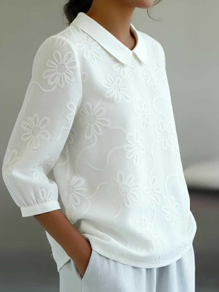 Romantisk Blomsterbrodert Peter Pan Krage Skjorte Bluse