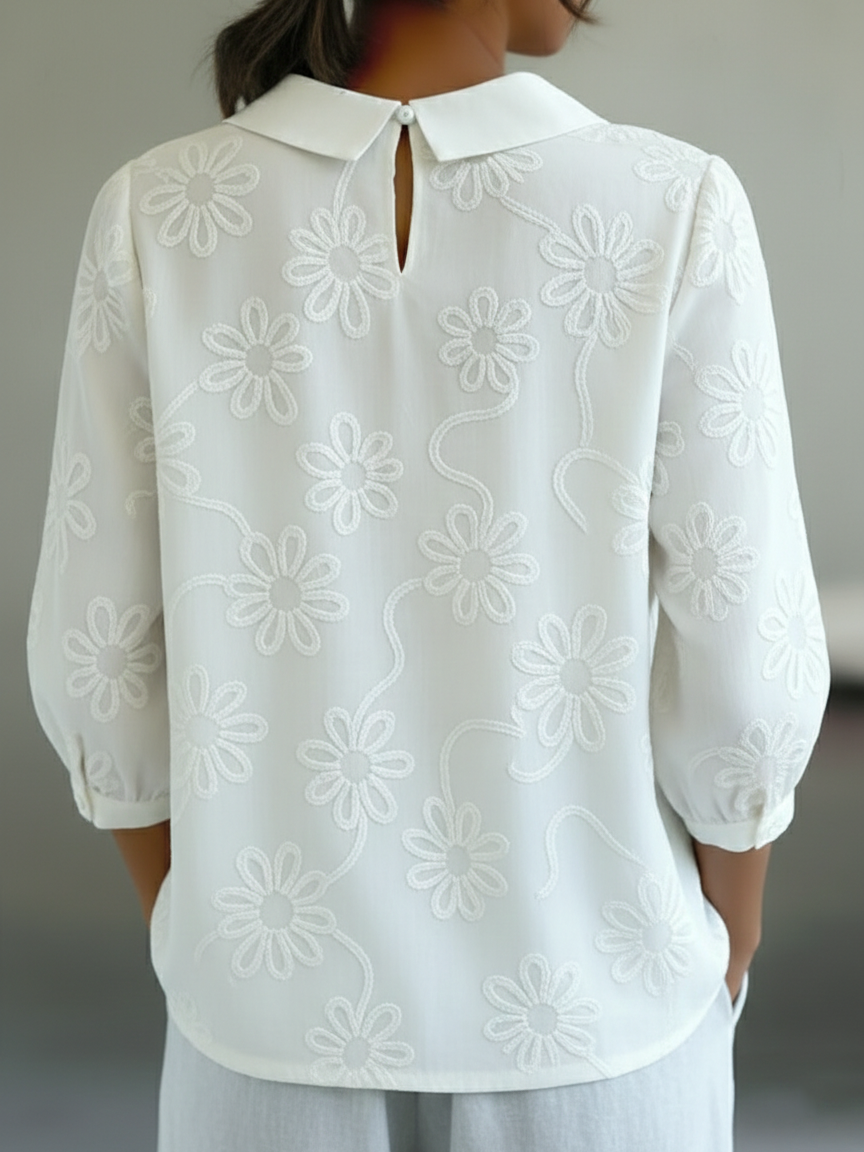 Romantisk Blomsterbrodert Peter Pan Krage Skjorte Bluse