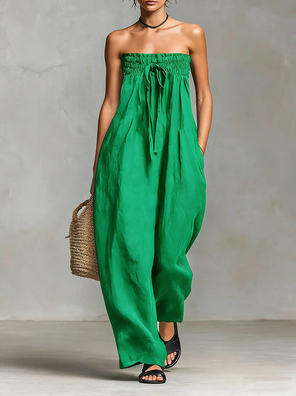 Dame Solid Farge Strapless Casual Løs Bomull Og Lin Jumpsuit