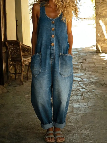 Dame Casual Bomulls Vest Og Denim Jumpsuit