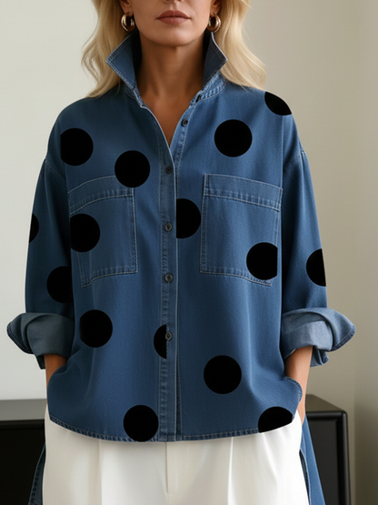Elegant Kunstnerisk Prikket Trykk Stå-krage Denim Topp