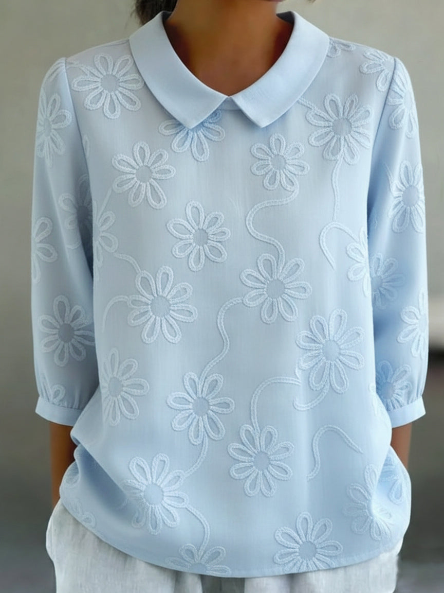 Romantisk Blomsterbrodert Peter Pan Krage Skjorte Bluse