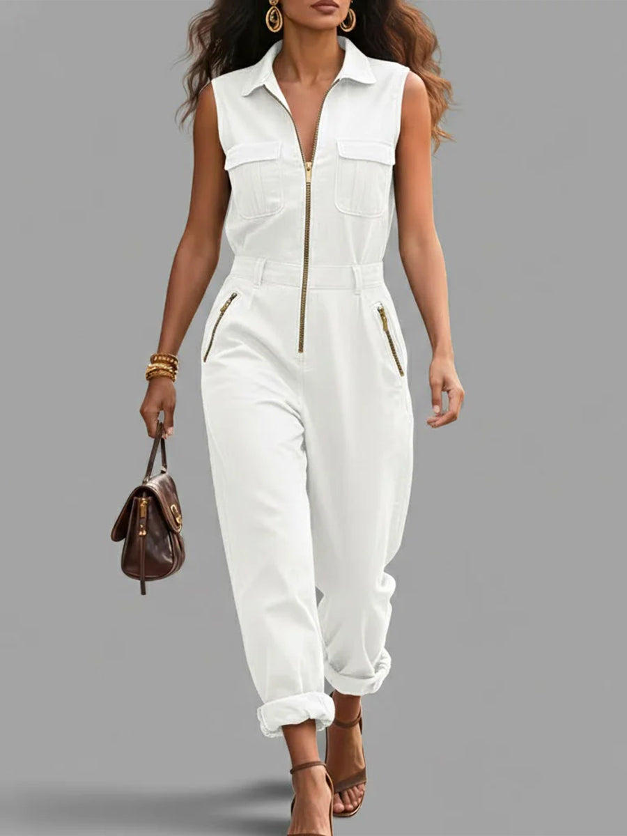 Moderne og Casual Glidelås Uten Ermer Bomull Jumpsuit