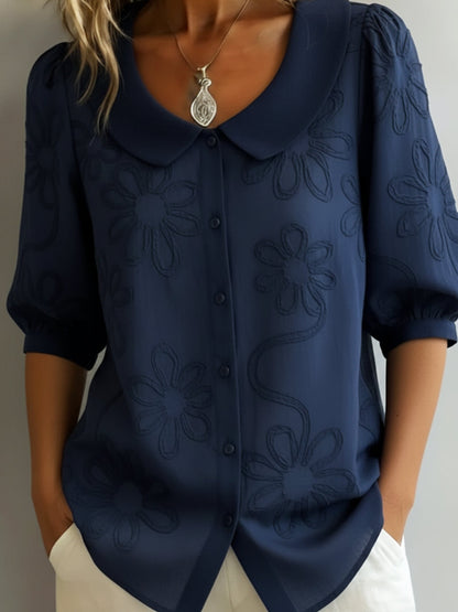 Vintage Peter Pan Collar Brodert Blomster Skjorte