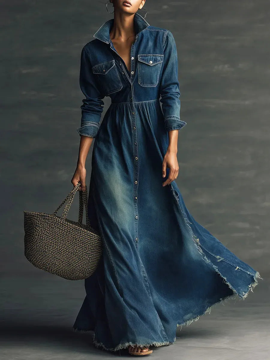 Kvinnelig stilfull kunst Ståkrage Vasket denim midi-kjole
