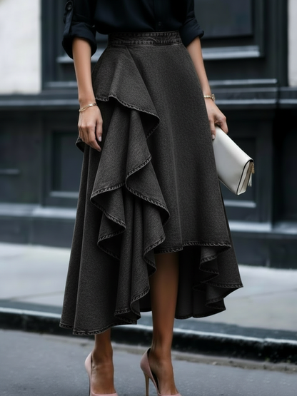 Rufsete Denim Skjørt — Elegant Lagdelt Hverdagsstil