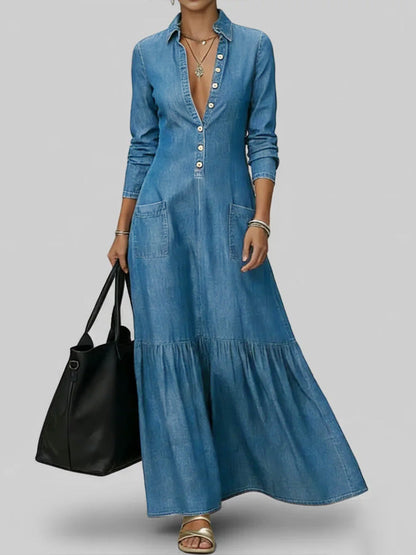 Dame Skjorte Krage Langermet Løs A-linje Denim Kjole