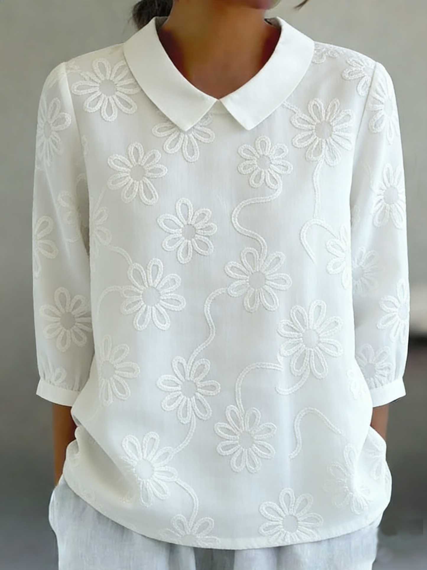 Romantisk Blomsterbrodert Peter Pan Krage Skjorte Bluse