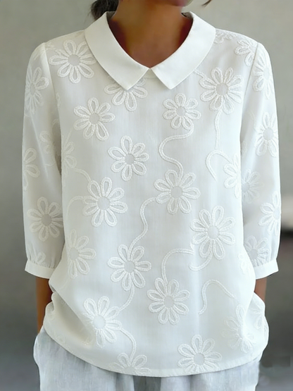 Romantisk Blomsterbrodert Peter Pan Krage Skjorte Bluse
