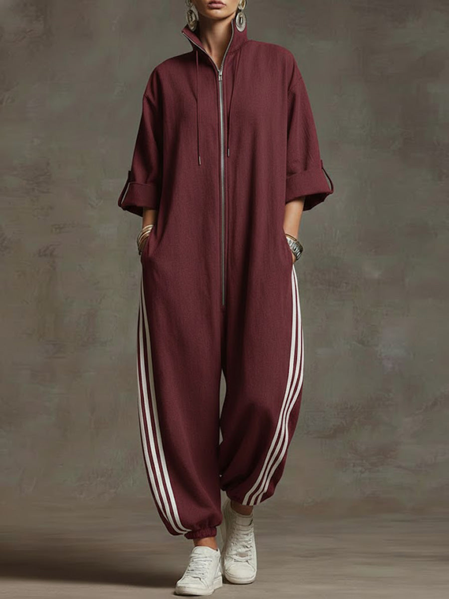 Dame Jumpsuit med ståkrage og 3/4 ermer i løst, uformelt lin