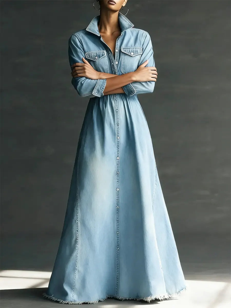 Kvinnelig stilfull kunst Ståkrage Vasket denim midi-kjole