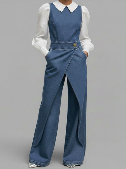Kvinne Relaxed Rund Hals Uten Ermer Casual Løs Denim Vid Bukse Jumpsuit