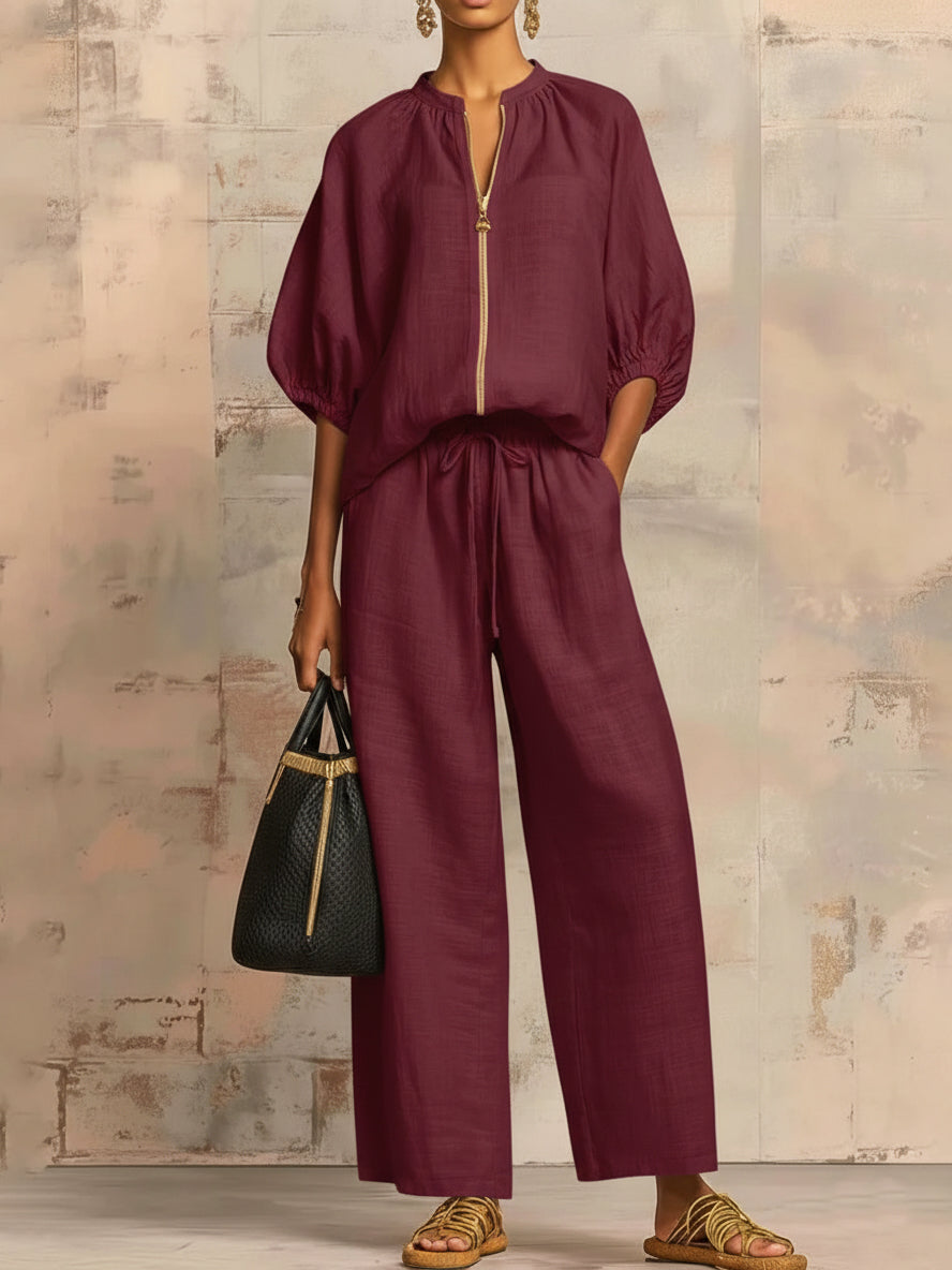 Stilig Cozy Skjorte &amp; Vide Bukser i Lin og Bomull To-delt Sett