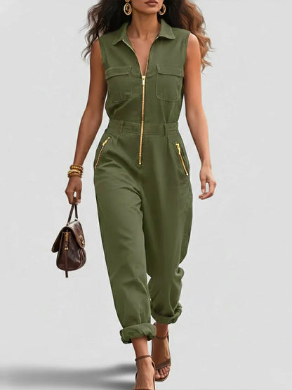 Moderne og Casual Glidelås Uten Ermer Bomull Jumpsuit
