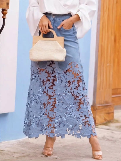 Stilig og uformell patchwork blonde denim skjørt