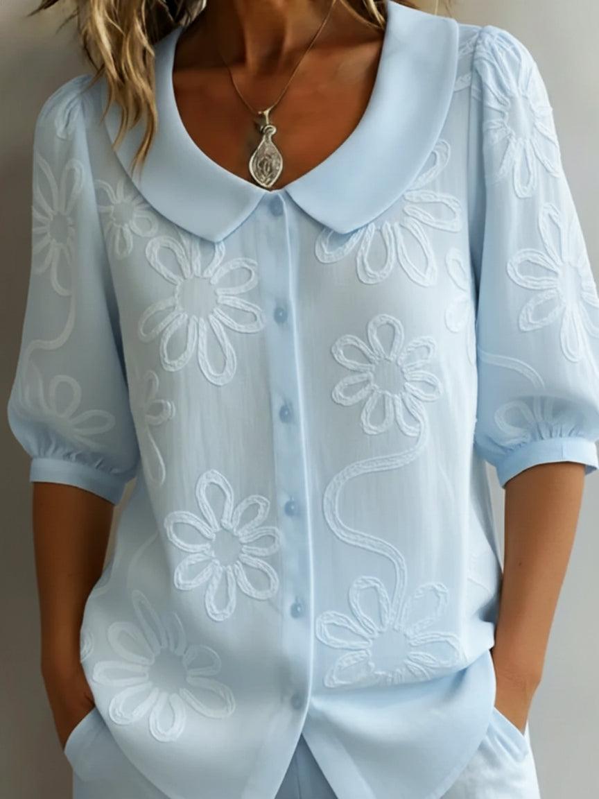 Vintage Peter Pan Collar Brodert Blomster Skjorte