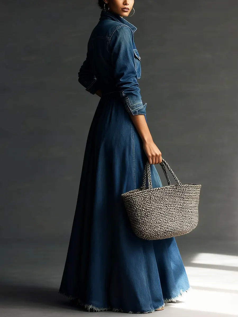 Kvinnelig stilfull kunst Ståkrage Vasket denim midi-kjole