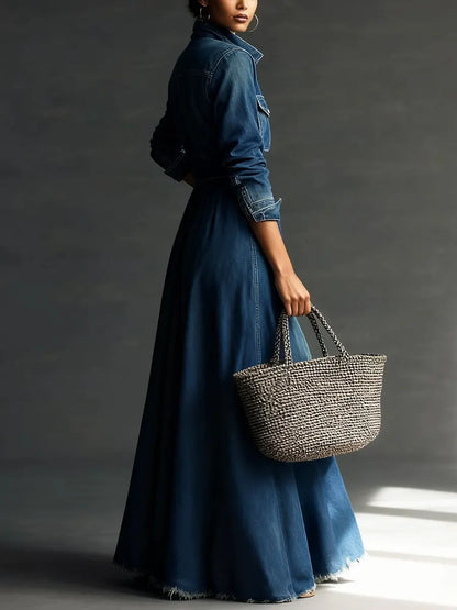 Kvinnelig stilfull kunst Ståkrage Vasket denim midi-kjole