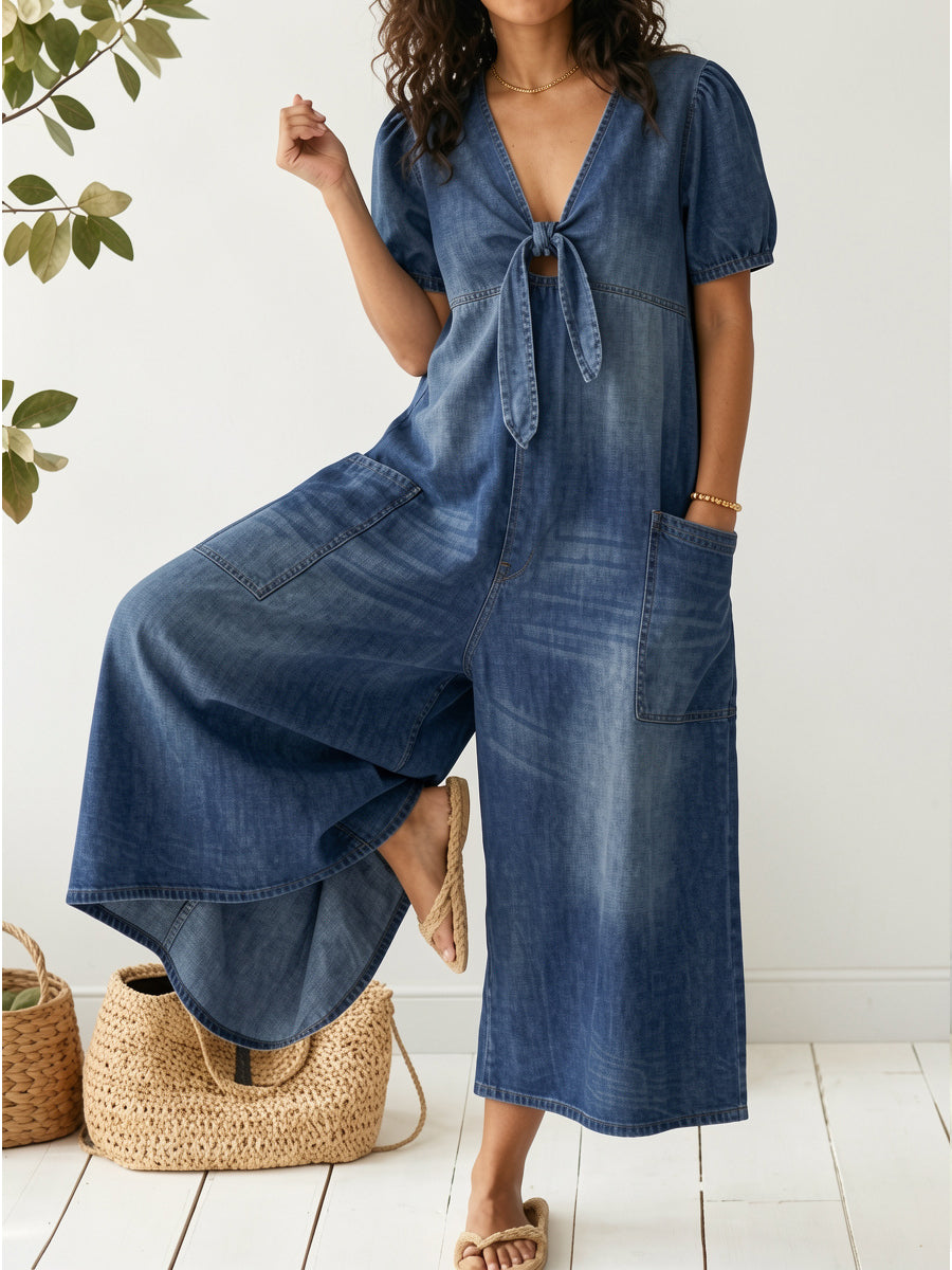 Kvinnens Casual Løse Korte Ermer V-hals Denim Jumpsuit