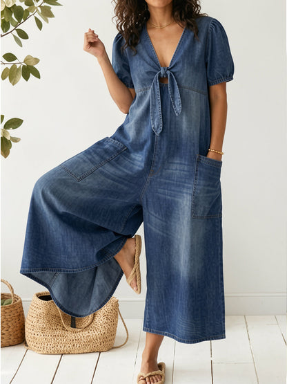 Kvinnens Casual Løse Korte Ermer V-hals Denim Jumpsuit