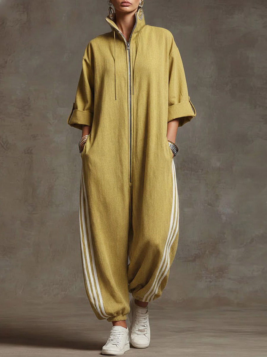 Dame Jumpsuit med ståkrage og 3/4 ermer i løst, uformelt lin
