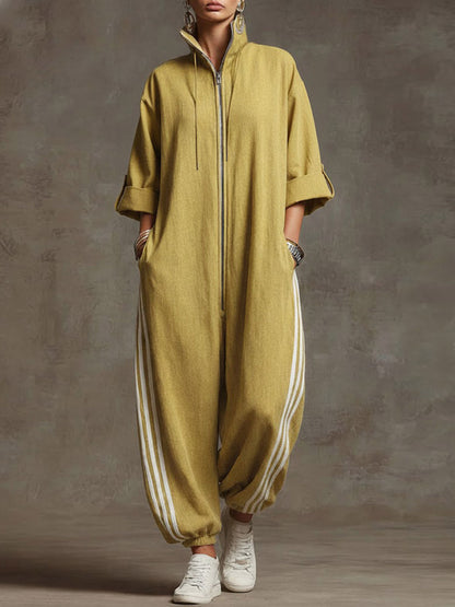 Dame Jumpsuit med ståkrage og 3/4 ermer i løst, uformelt lin