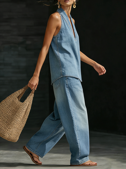 Koselig Minimalistisk To-delt Denim Sett