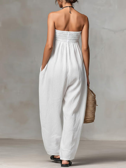 Dame Solid Farge Strapless Casual Løs Bomull Og Lin Jumpsuit