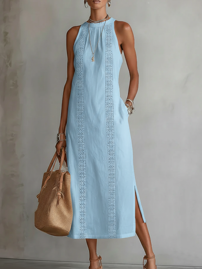 Jimena | Avslappet Brodert Mandarin Krage Midi Kjole
