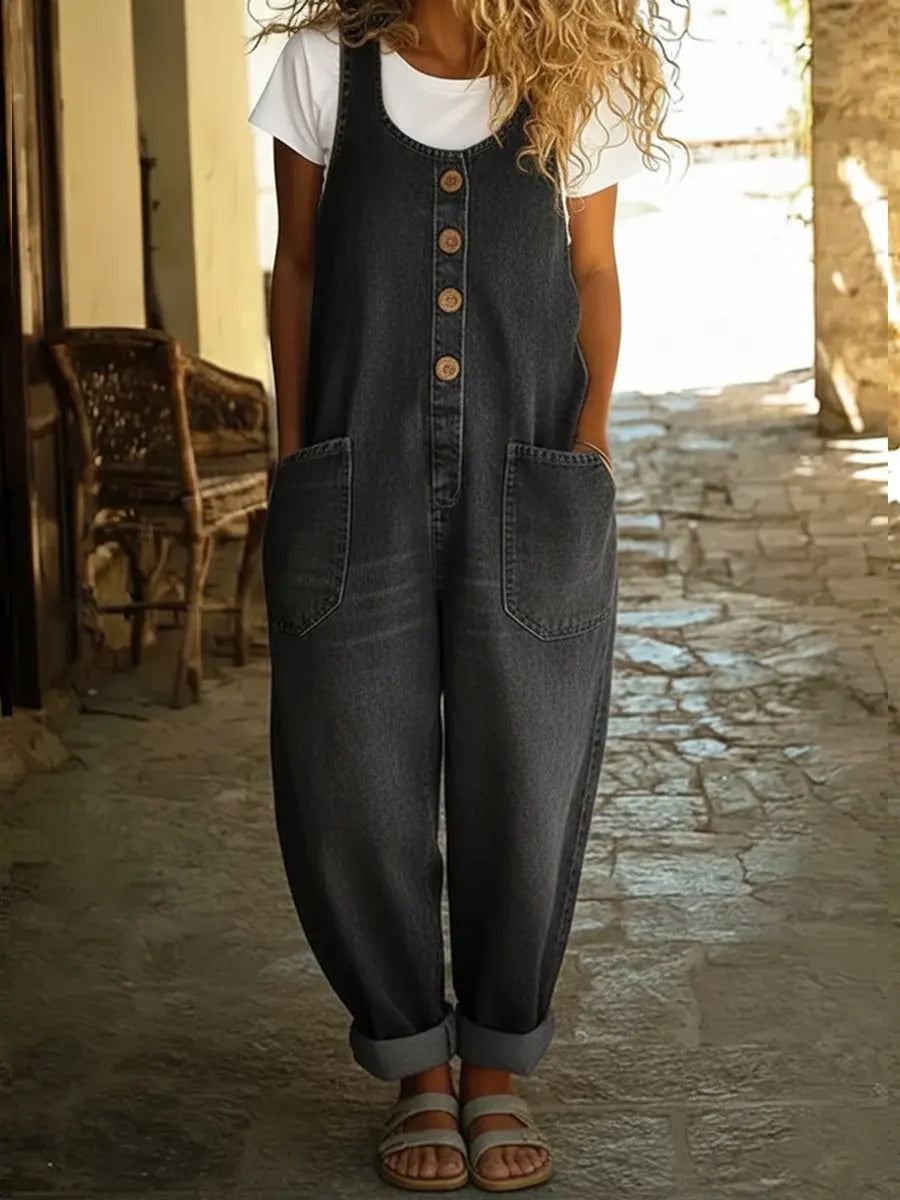 Dame Casual Bomulls Vest Og Denim Jumpsuit