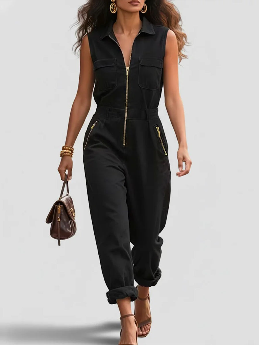 Moderne og Casual Glidelås Uten Ermer Bomull Jumpsuit