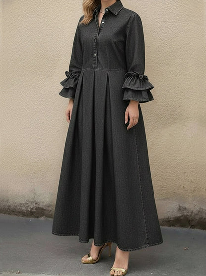 Kvinne Casual Denim Kjole Med Volangerm