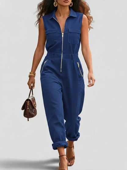 Moderne og Casual Glidelås Uten Ermer Bomull Jumpsuit