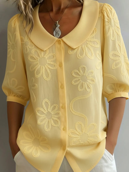 Vintage Peter Pan Collar Brodert Blomster Skjorte