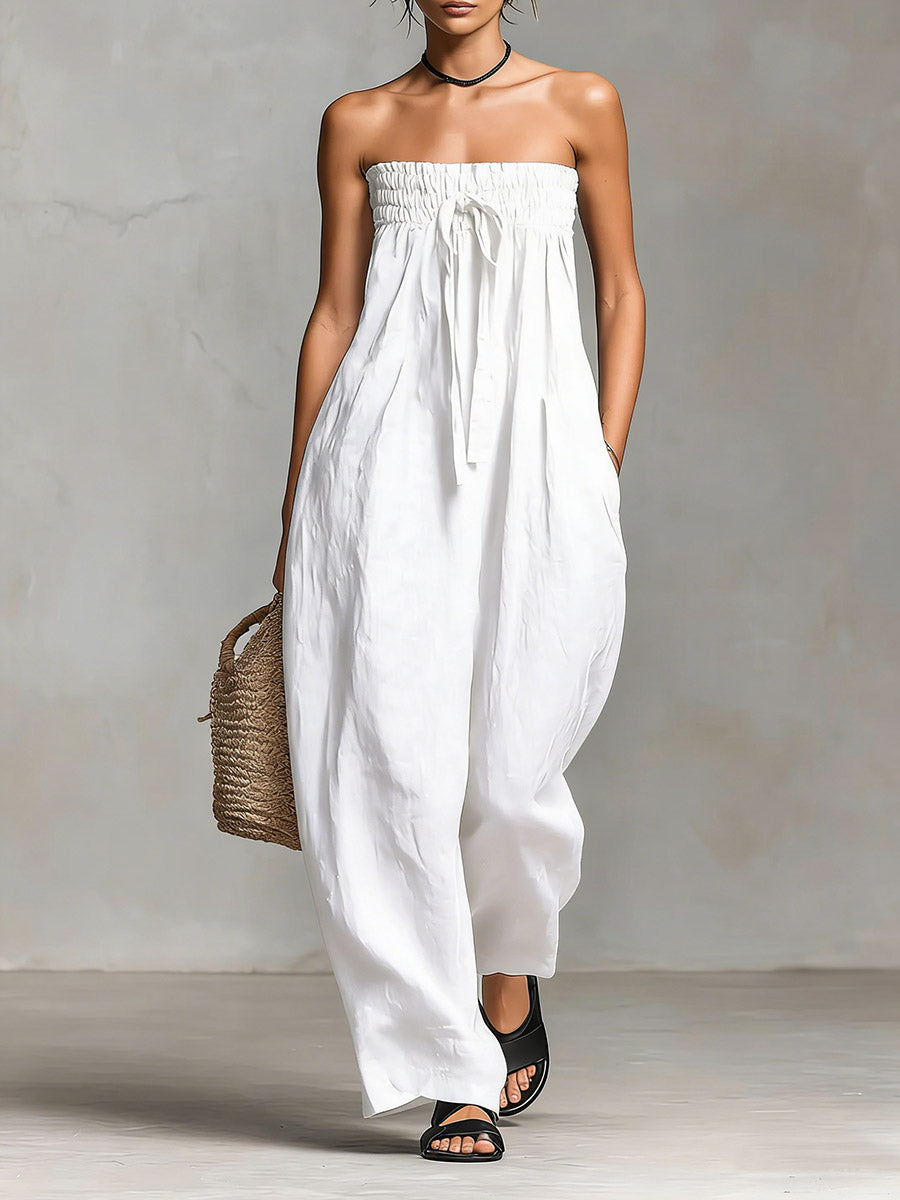 Dame Solid Farge Strapless Casual Løs Bomull Og Lin Jumpsuit