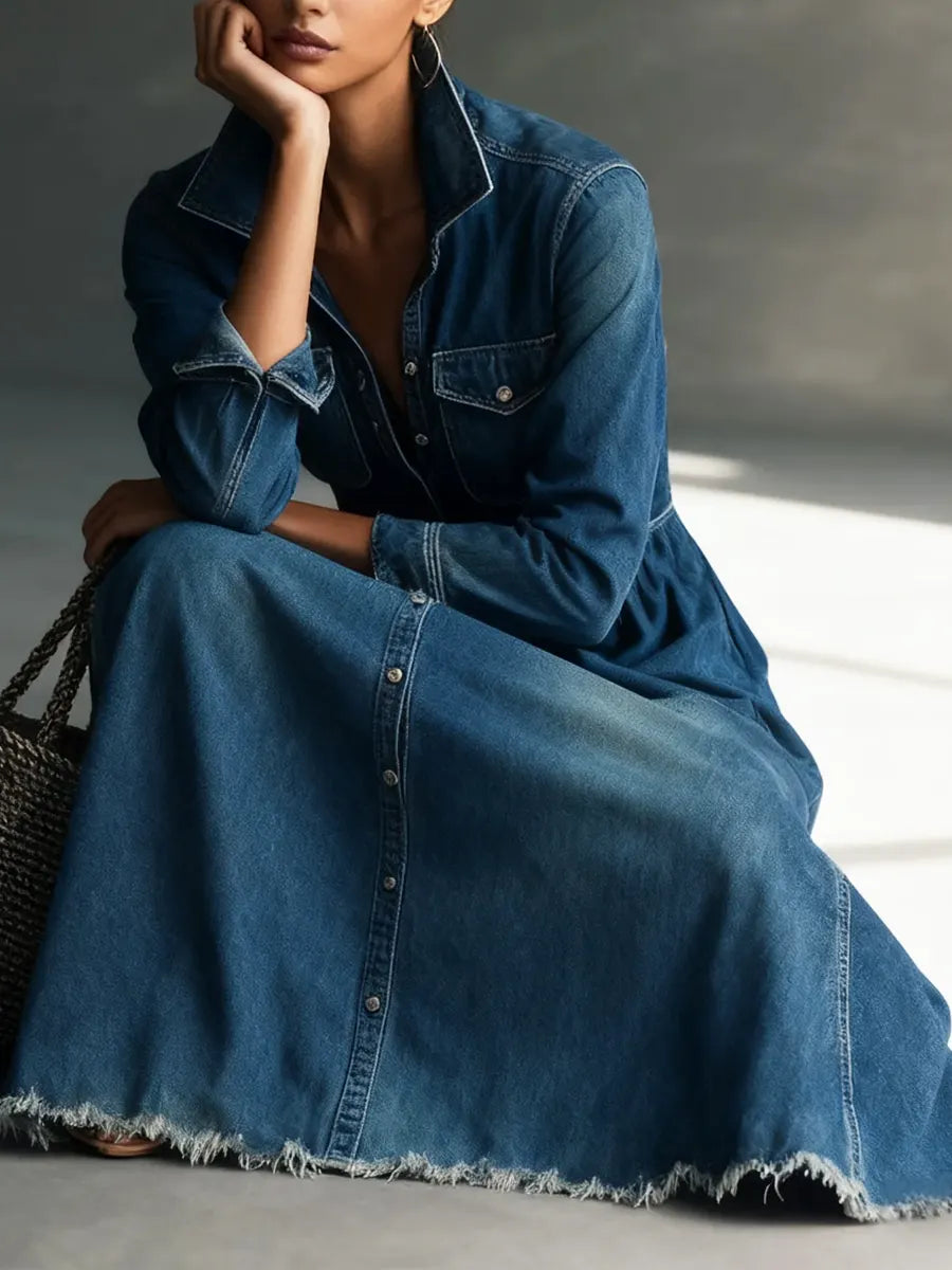 Kvinnelig stilfull kunst Ståkrage Vasket denim midi-kjole
