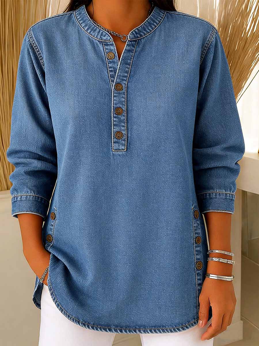 Dame V-hals Langermet Casual Knappeopp Denim Topp