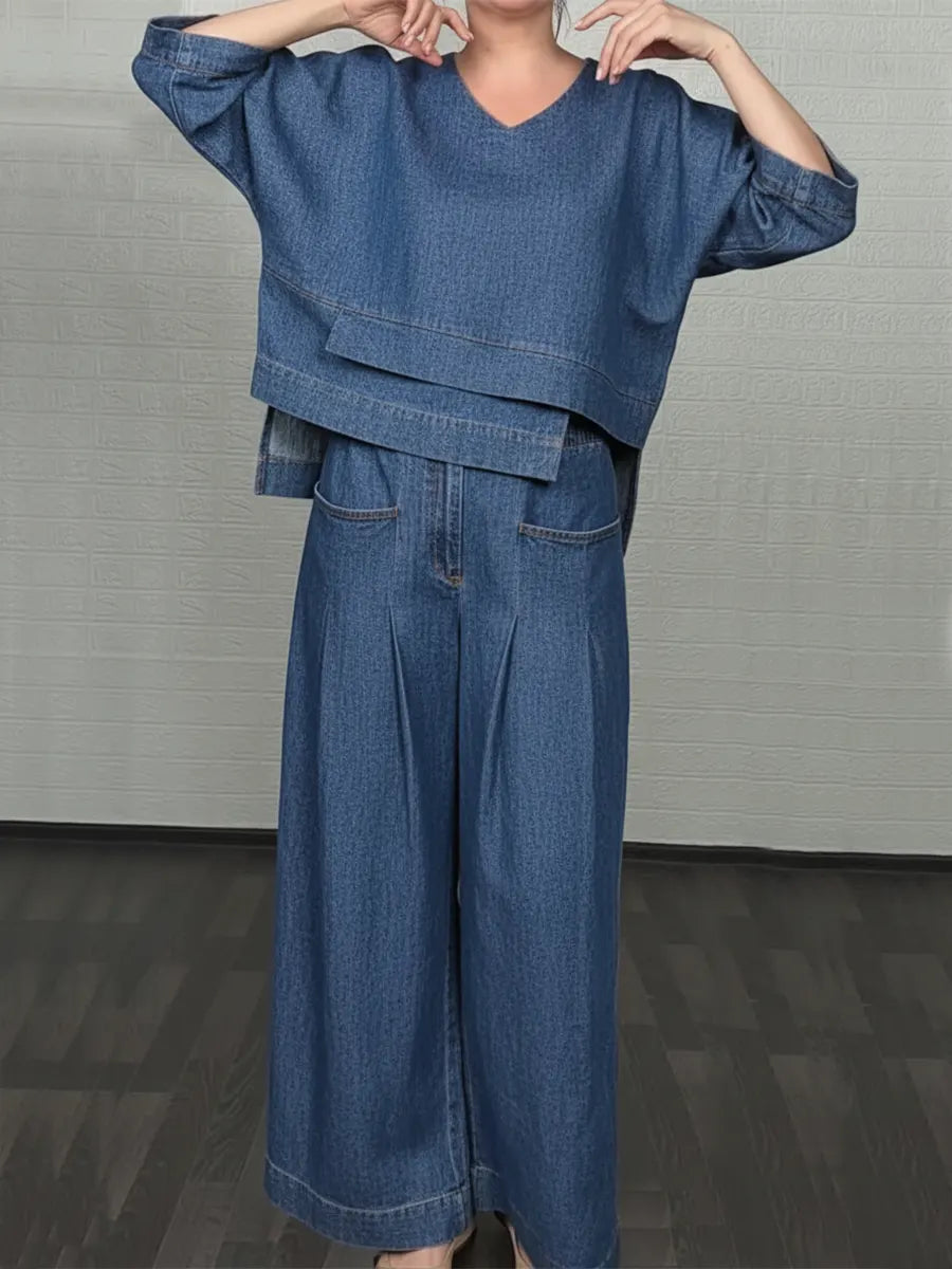 Dame Casual Denim Bomull Topp Og Bukser To-delt Sett