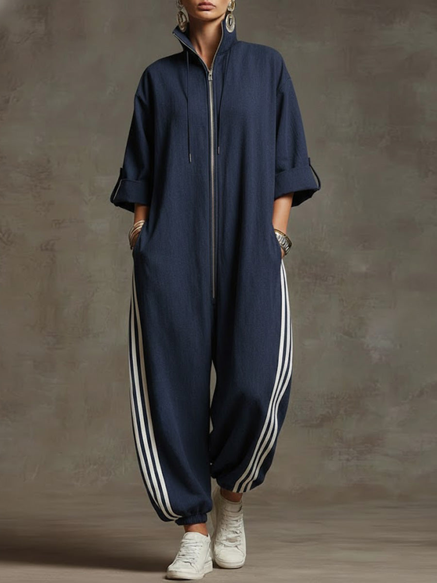 Dame Jumpsuit med ståkrage og 3/4 ermer i løst, uformelt lin