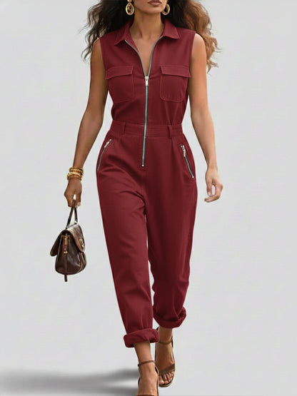 Moderne og Casual Glidelås Uten Ermer Bomull Jumpsuit