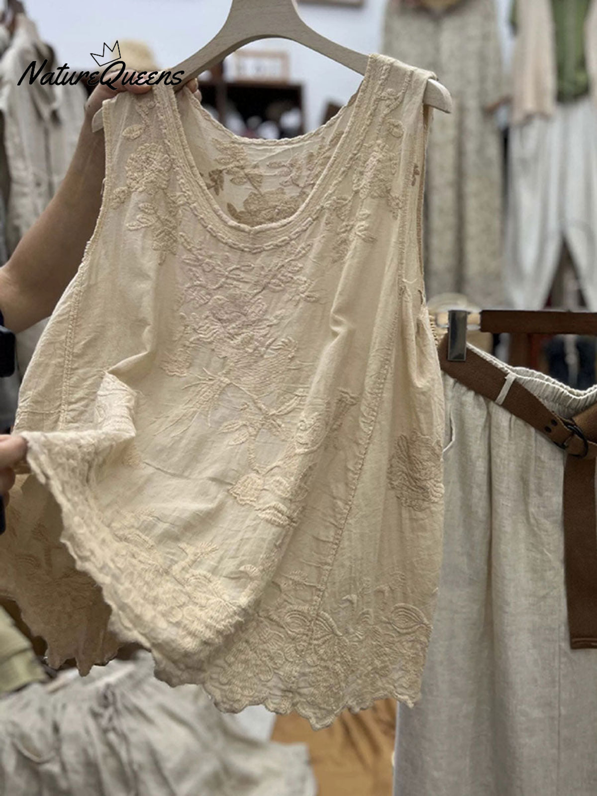 Kvinne Vintage Blonde Uten Ermer Bomull Og Lin Vest Topp